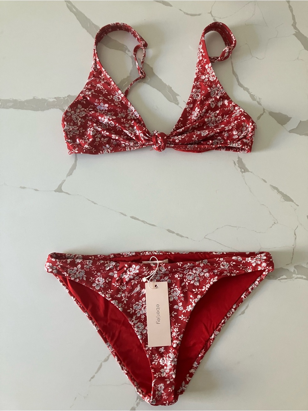 Eberjey Floral Red Tie-Front Bikini Top and Matching Bottoms